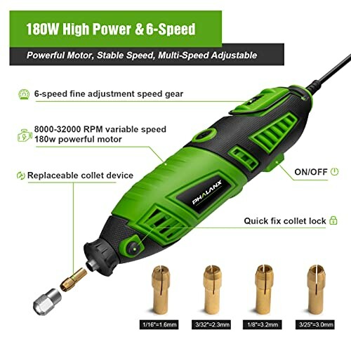 Green rotary tool with 6-speed settings and accessories.