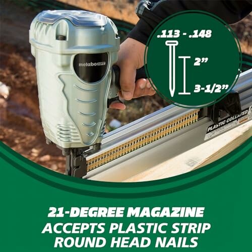 Person using Metabo nail gun with 21-degree magazine for plastic strip round head nails.