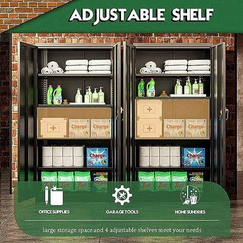 Storage cabinet with adjustable shelves holding office supplies, garage tools, and home sundries.