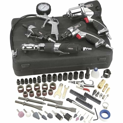 Air compressor tool kit with various attachments and accessories.