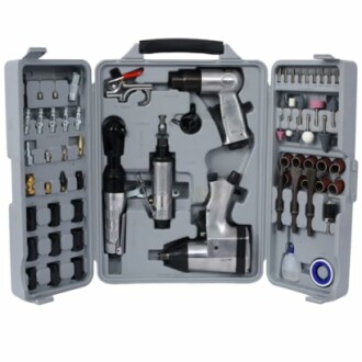 Air tool kit with various attachments in a gray case.