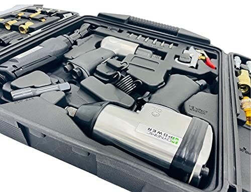 Air tool kit in a black carrying case with various tools and attachments.