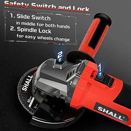 Angle grinder with safety switch and lock features highlighted.