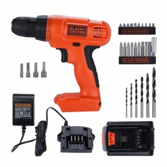 Black & Decker cordless drill with accessories, including bits and charger.