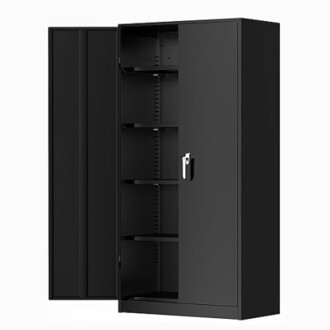 Black metal storage cabinet with open door and shelves.