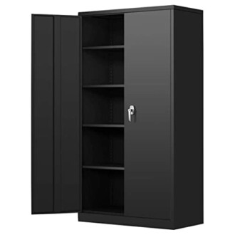 Tall black metal storage cabinet with open doors and shelves.