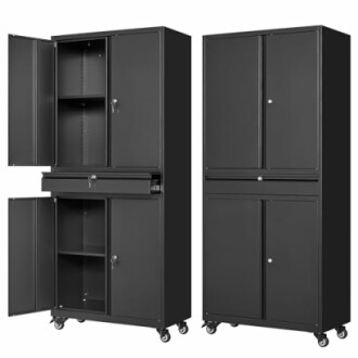 Two black metal storage cabinets with shelves and wheels.