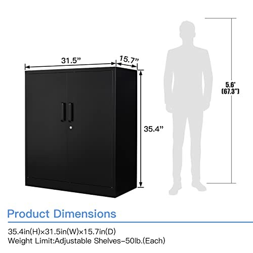 Dimensions of black storage cabinet shown next to human silhouette.