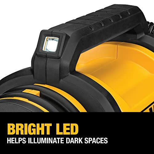 Bright LED flashlight with handle, illuminating dark spaces.