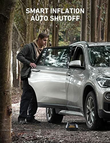 Person inflating car tire in forest with smart inflation auto shutoff.