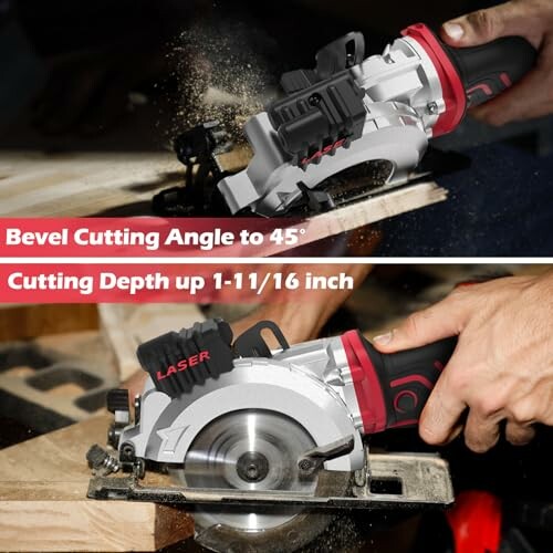 Circular saw cutting wood at bevel angle and depth.