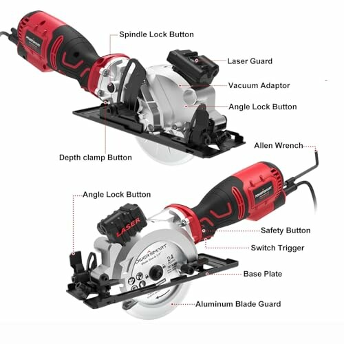 Diagram of a circular saw with labeled parts including spindle lock button, laser guard, vacuum adaptor, angle lock button, depth clamp button, allen wrench, safety button, switch trigger, base plate, and aluminum blade guard.