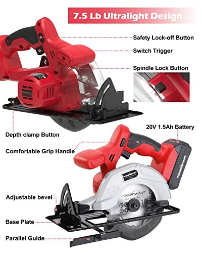 Cordless circular saw with labeled features including a safety lock-off button.