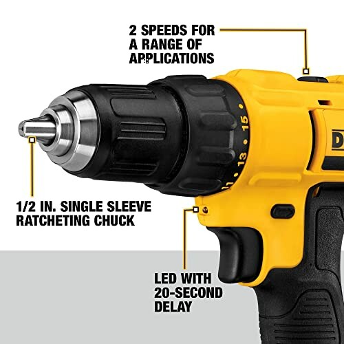 Yellow cordless drill with features highlighted: 2 speeds, 1/2 inch single sleeve ratcheting chuck, LED with 20-second delay.