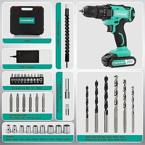 Comoware cordless drill set with accessories including drill bits, screwdriver bits, socket set, and fast charger.