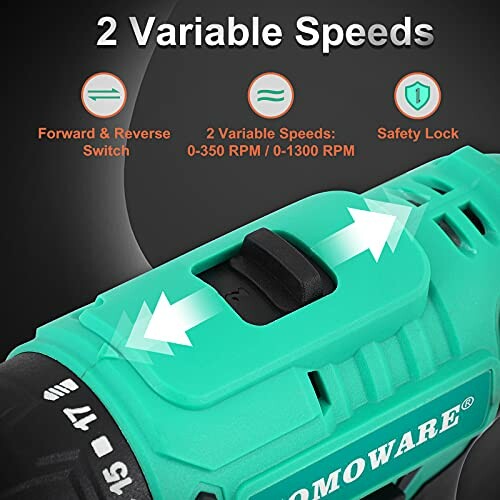 Cordless drill with 2 variable speeds and features labeled.