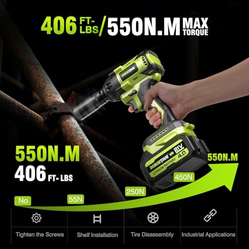 Cordless impact wrench with specifications and applications.