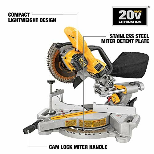 Cordless miter saw with compact lightweight design, stainless steel miter detent plate, and cam lock miter handle.