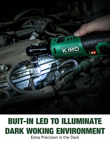 Cordless ratchet tool with built-in LED lighting a dark workspace.