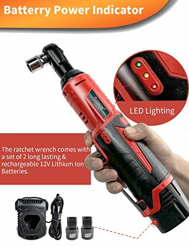 Cordless ratchet wrench with LED lighting and battery power indicator.