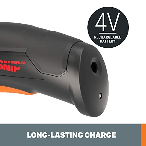 Cordless screwdriver showing 4V rechargeable battery feature with long-lasting charge.