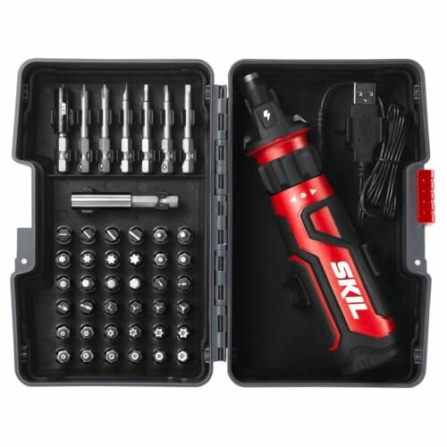 Cordless screwdriver kit with bits and USB cable in case