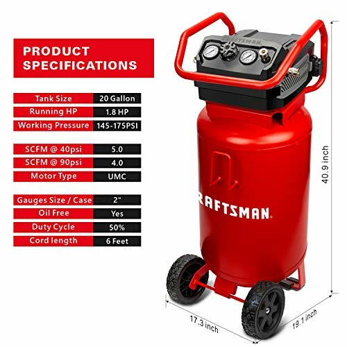 Craftsman 20-gallon air compressor with specifications.