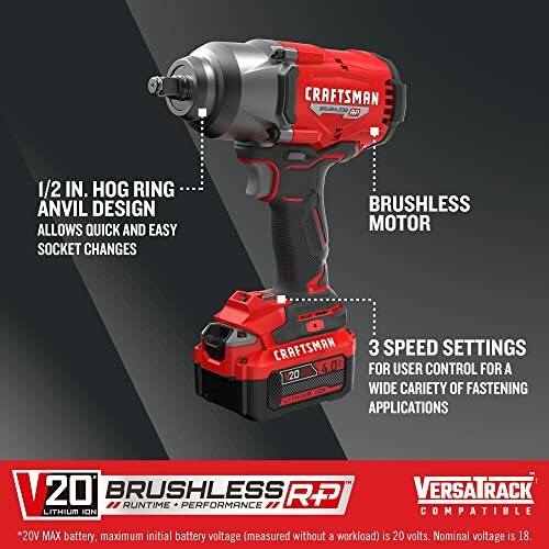 Craftsman cordless impact wrench with V20 lithium-ion battery, brushless motor, and 3 speed settings.