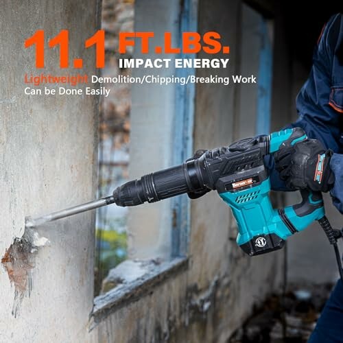 Person using a demolition drill on a wall with 11.1 ft. lbs. impact energy.