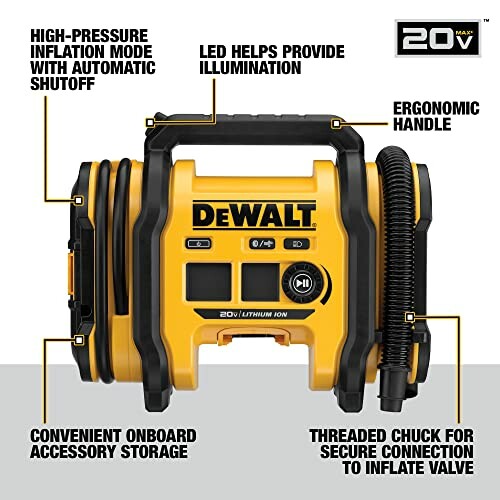 DeWalt air inflator with features labeled, including high-pressure mode, LED illumination, ergonomic handle, onboard storage, and threaded chuck.