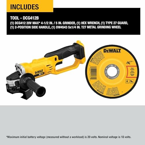 DeWalt angle grinder kit with tool and grinding wheel.