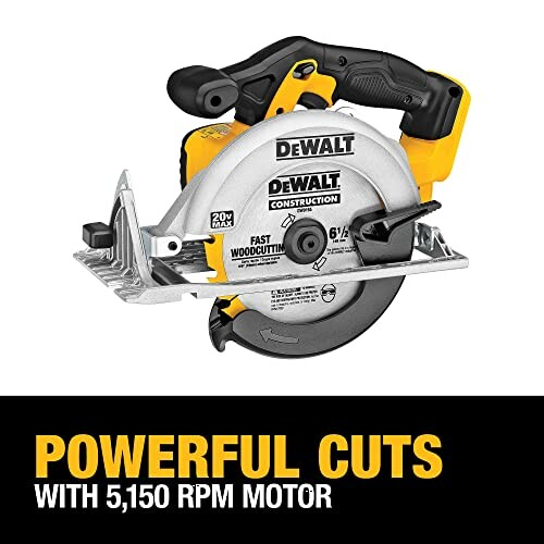 DeWalt circular saw with 5,150 RPM motor for powerful cuts.