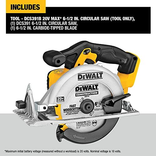 DEWALT 20V MAX 6-1/2 in. circular saw with carbide-tipped blade.