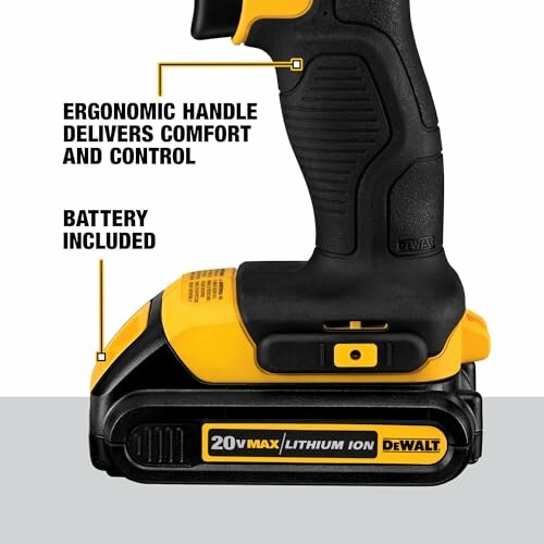 Dewalt 20V max lithium ion drill with ergonomic handle and battery included.