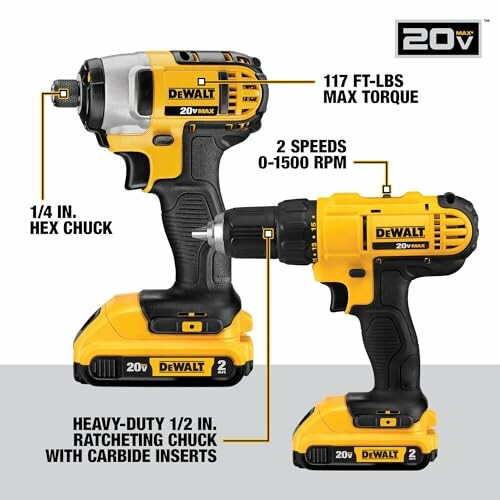 DeWalt 20V Max cordless drill and impact driver set with specifications.