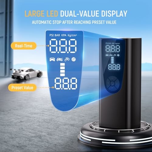 Digital tire inflator with large LED dual-value display.