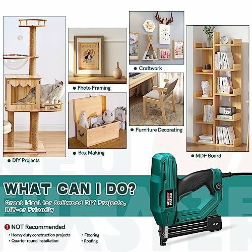 Collage of DIY projects using a tool, including cat tree, photo framing, box making, craftwork, furniture decorating, and MDF board.