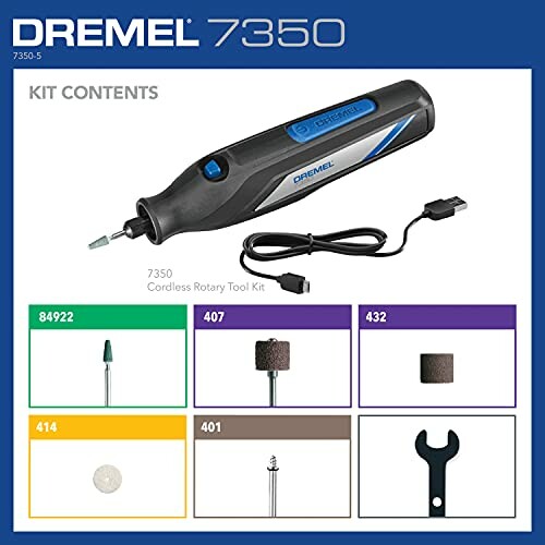 Dremel 7350 cordless rotary tool kit with accessories and charger.