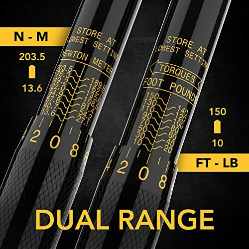 Close-up of dual range torque wrench with measurement scales.