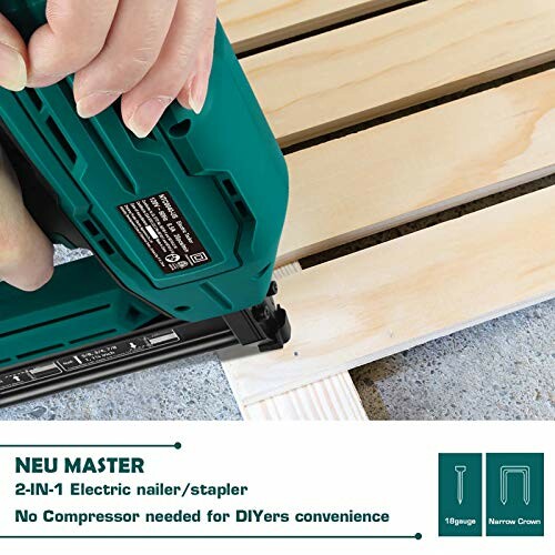 Electric nailer stapler being used on wood.