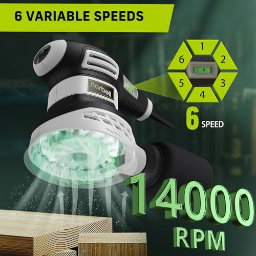 Electric sander with 6 variable speeds and 14000 RPM capability.