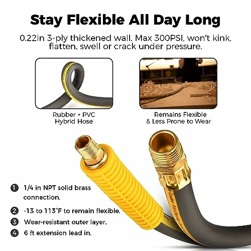 Flexible hybrid hose with brass connectors, remains flexible under pressure.