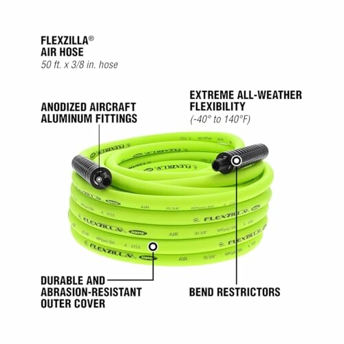 Flexzilla air hose with anodized aircraft aluminum fittings, extreme all-weather flexibility, durable outer cover, and bend restrictors.