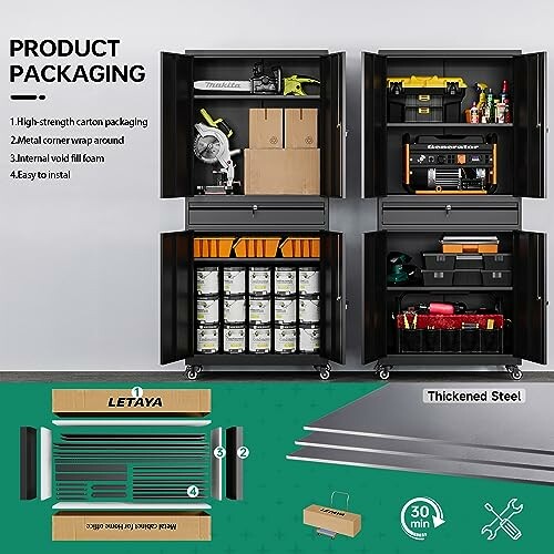 Modular garage cabinet storage system with tools and packaging details.