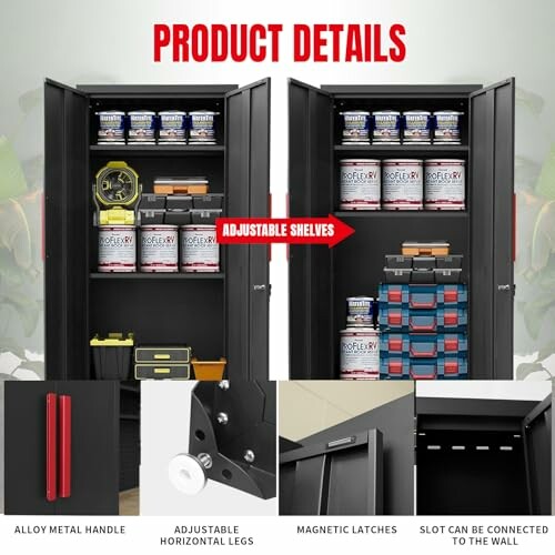 Detailed view of a garage storage cabinet with adjustable shelves and various features.