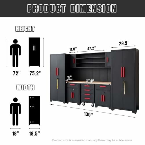 Dimensions of a black and red garage storage cabinet system with height and width measurements.