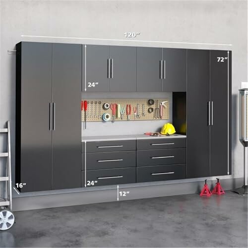 Wall-mounted garage storage cabinet system with tools and helmet.