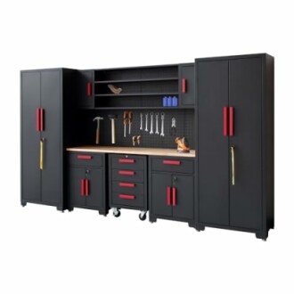 Garage storage system with cabinets, drawers, and hanging tools.