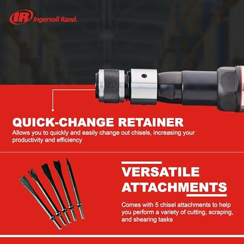 Ingersoll Rand quick-change retainer with versatile chisel attachments.