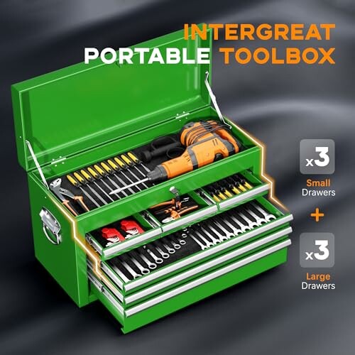 A green toolbox with various tools and drawers.